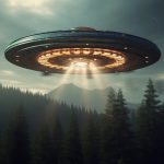 OVNI. A lit flying saucer at night in the sky above a forest.