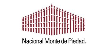 Monte de Piedad, a logo in white and red depicting its centuries-old Mexico City headquarters.
