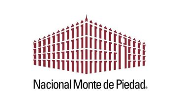 Monte de Piedad, a logo in white and red depicting its centuries-old Mexico City headquarters.