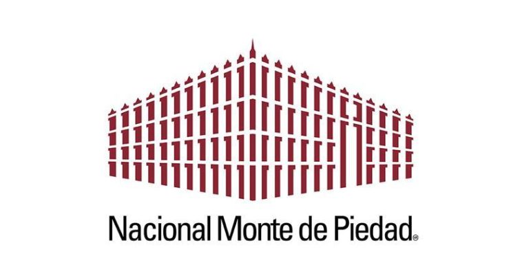 Monte de Piedad, a logo in white and red depicting its centuries-old Mexico City headquarters.